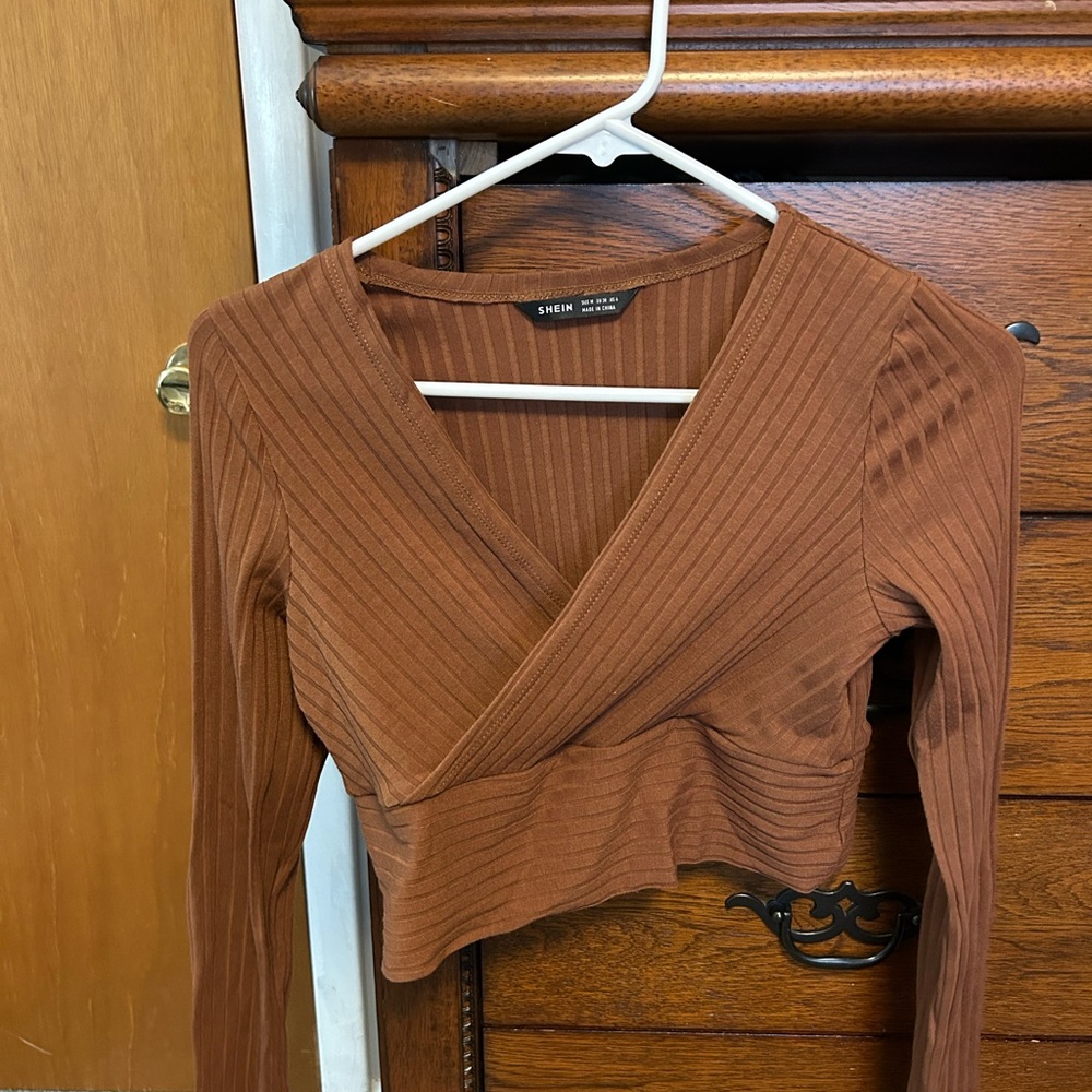 SHEIN Women's Brown Ribbed Wrap Top